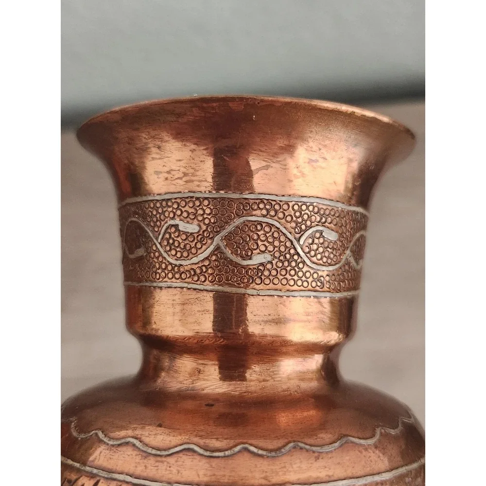 Antique Vtg Cairoware Silver Inlaid Islamic Motif‎ Decorated Brass Copper Vase